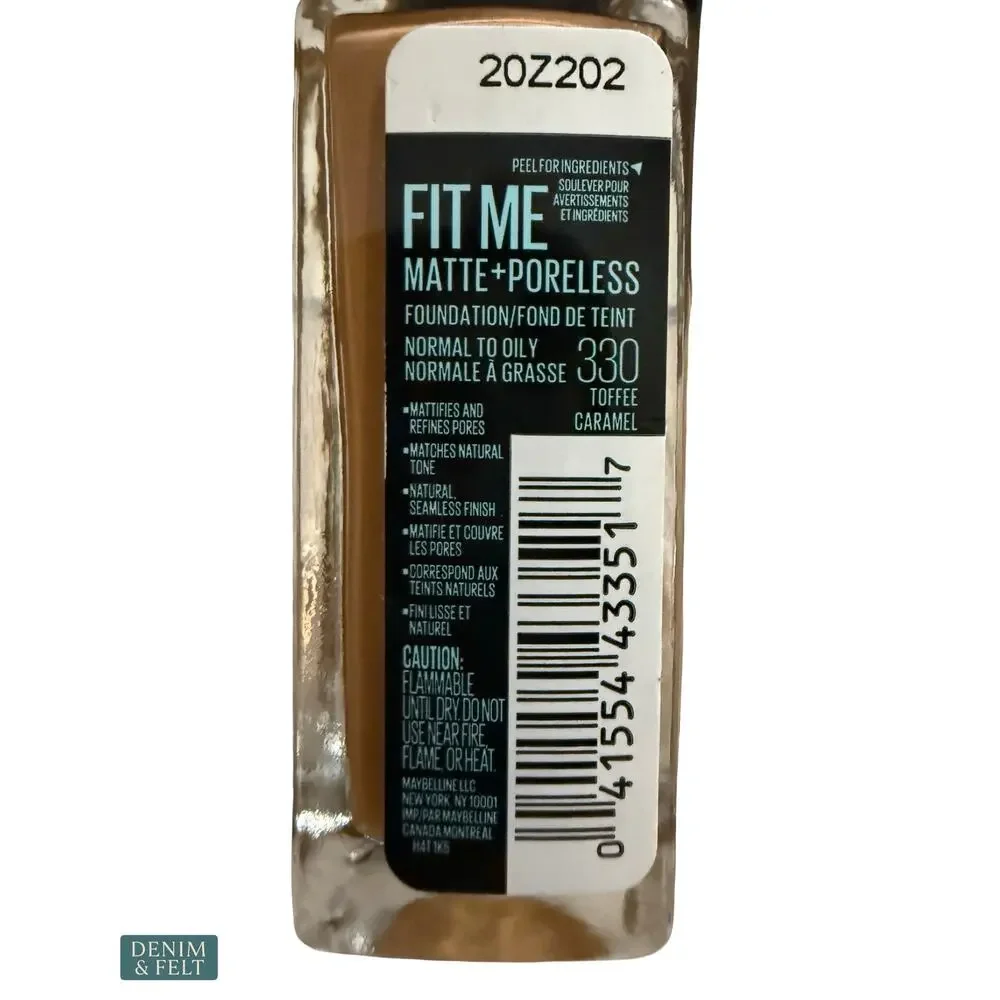 NEW Maybelline Fit Me Matte Poreless Foundation 330 Toffee Caramel Oil Free 12HR